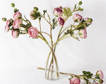 Artificial Pink Ranunculus Spray Branch / Fake Ranunculus Stem for Floral Art, Bridal Bouquet / Faux Pink Flower
