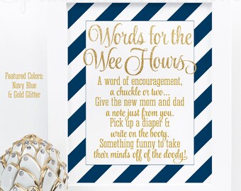 Baby Shower Games Words For The Wee Hours, Words of Wisdom, Late Night Diapers, Navy Blue Gold Glitter Printable Baby Boy Shower Game Ideas