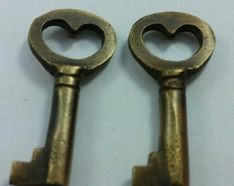 Two Unique Small Antique Vintage Style Brass Heart, Love, Commitment Skeleton Key to my Heart,Jewelry component 1-13/16" long #L6