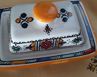 Moroccan butter Dish with Cover. Hand Painted