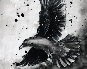 Raven painting on 8x12in canvas A4 - Raven flying in rainstorm