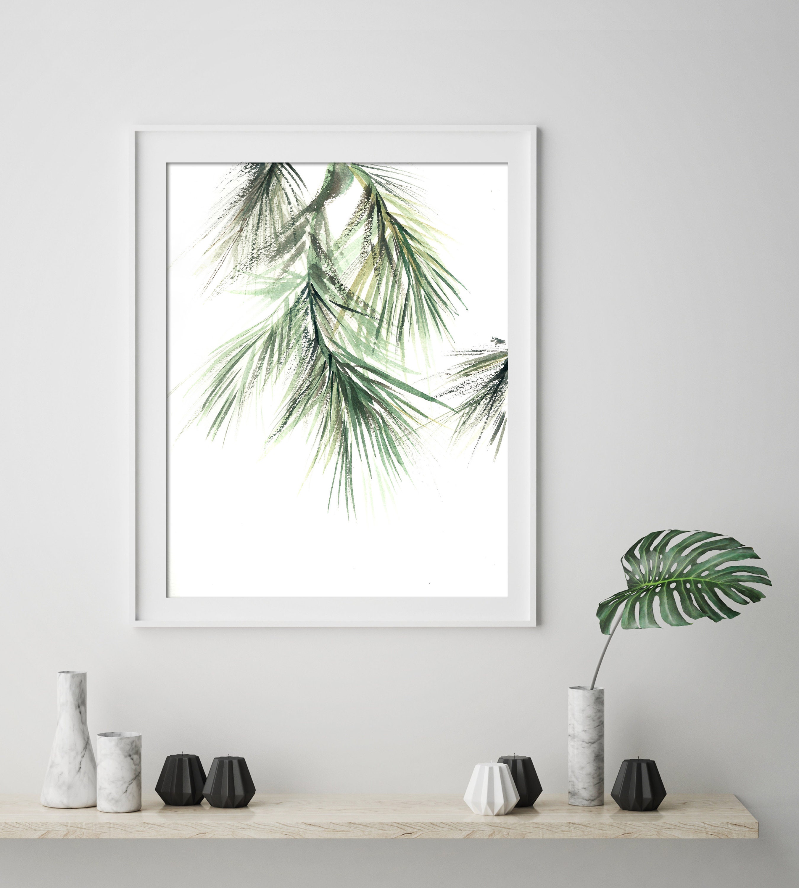 Minimalist Fine Art Print Pine Tree Green Branch on White