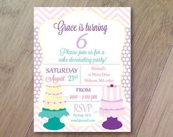 Cake Party, Set of 10 Printed Baby Shower or Birthday Invitations, Let's Eat Cake, Cake Decorating Party