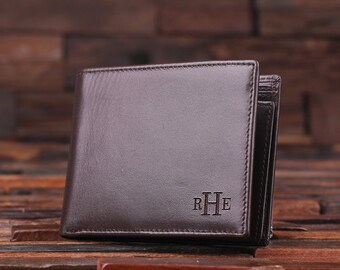 Personalized Monogrammed Engraved Genuine Leather Bifold Mens Wallet with Optional Wood Gift Box Groomsmen, Best Man, Father's Day Gift