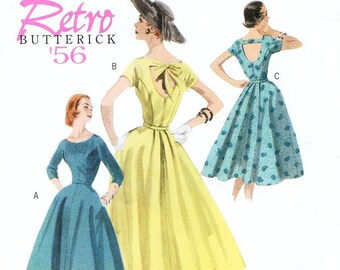 Pick Your Size - Butterick Dress Pattern B5605 - Misses' Mid-Calf Dress with Open Back in 3 Options - Butterick Retro 1956 Reissued Pattern