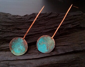 Long copper patina earrings, stud copper earrings, minimal long earrings, blue patina earrings, geometric earrings, vintage earrings
