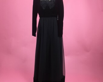 1970's Miss Elliette Black Velvet and Chiffon Gown - Sz M/L