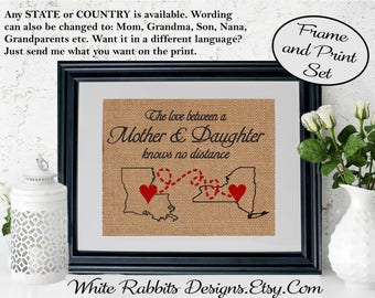 FRAMED Love Between a Mother & Daughter Knows No Distance Mom Gift Map Long Distance Love Mom Birthday Gift Mother's Day Gift (5001)