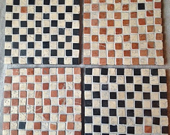 Stone mosaic coasters in chequerboard style