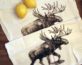 Set of 2 Towels - MOOSE (In Snow Shoes) - Multi-Purpose Flour Sack Bar - Renewable Natural Cotton