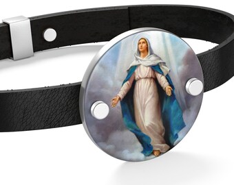 Catholic bracelet - The Virgin Immaculate - Leather Unisex Bracelet - 2 colors - Catholic Jewelry - Virgin Mary gift - Catholic gift ideas