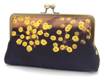 Yellow flowers, clutch bag, silk purse, clutch, yellow & black pods