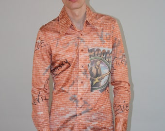1970s Pinball/Graffiti Polyester Disco Brand Nik Nik Button Up Sz S/M