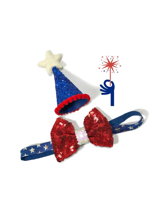 July Birthday Hat and Large Bow Tie || Pet Birthday Party Outfit || Pet Puppy Cat Kitten || Kitty Pig Birthday Crown |