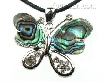 Abalone shell pendant, butterfly shell pendant, paua shell leather cord necklace, abalone butterfly necklace, beach jewelry, SH1550-AP