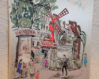 Painting On Silk French Street Scene Mid Century