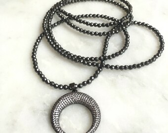 Gunmetal Hematite Beaded Necklace with Halfmoon Pave Pendant