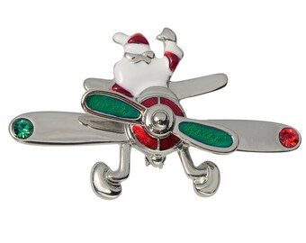 Santa Flying Airplane with Spinning Prop Brooch Pin in Red and Green Silver Tone Costume Jewelry