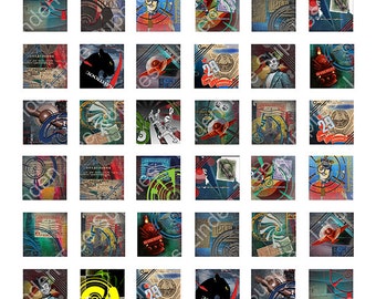 Abstract style digital collage sheet, 1 inch square tiles, surreal images, circles, Russian text, postage, for scrapbooking, art, craft.