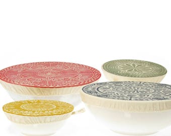 Bowl Cover Dish Cover Set - four sizes, reusable cloth covers for bowls, stretches over casseroles, salad bowls, side dishes and left overs.