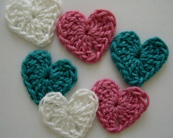 Crocheted Hearts - White, Rose Pink, Teal - Cotton Hearts - Set of 6 - Crocheted Heart Appliques - Crocheted Heart Embellishments