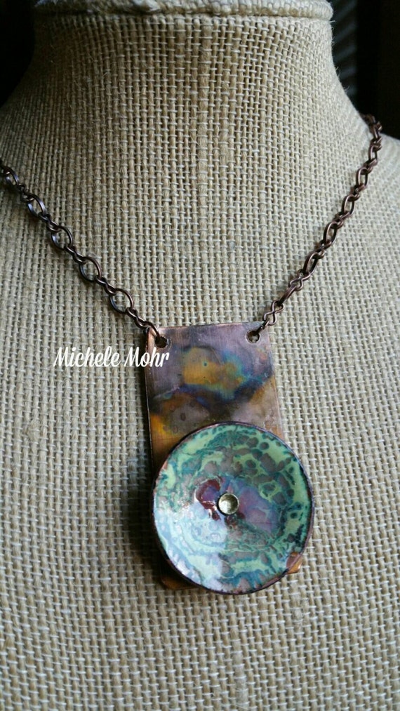 Memories Riveted Vitreous Enamel Copper and Fire Painted Copper Pendant on Oxidized Copper Chain 18" Necklace