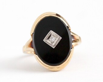 Vintage Onyx Ring - 10k Rosy Yellow Gold Genuine Diamond Black Onyx Statement - 1950s Size 5 1/4 Oval Chalcedony Gemstone 50s Fine Jewelry
