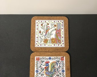 Made in Portugal Signed Hand Painted Set of Rainbow Trivets Cork and Tile