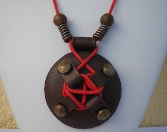 Necklace in red and Brown imitation leather polymer clay