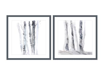 SET of 2 Square Prints, Birch Tree Art , Watercolor Set of Two Prints, Black Grey White Art, 10x10, 12x12, 13x13, 16x16, 18x18, 20x20, 24x24
