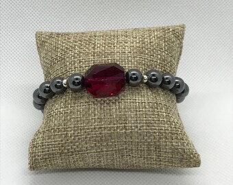 Hematite Bracelet with Swarovski Ruby Crystal, Stackable