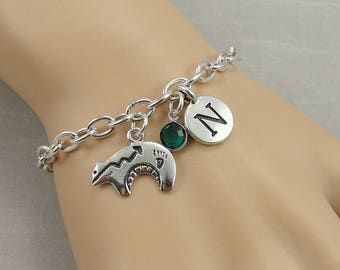 Heartline Bear Charm Bracelet, Zuni Bear Bracelet, Initial and Birthstone Bracelet, Silver Plated Link Charm Bracelet