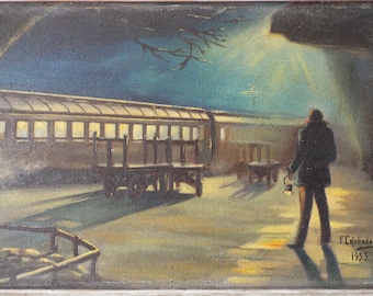Vintage 1950s Oil Painting Atmospheric Train Station by F Celchados Mexico
