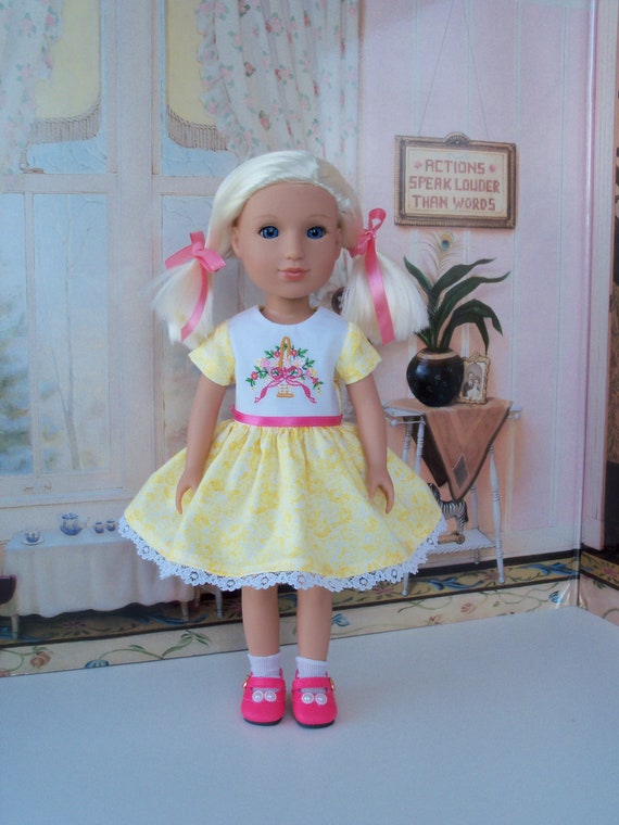 Fits GLITTER GIRLS, WELLIE WiSHER Doll Clothes /Embroidered Dress and Shoes / 14 Inch Dolls Clothes