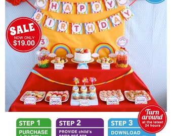 Rainbow Birthday Party Package Personalized FULL Collection Set - PRINTABLE DIY - PS808CA1x