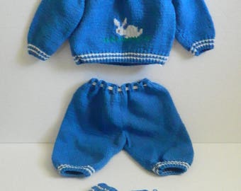 Pantalon en tricot haut bleu vintage des années 1970 à la main ensemble de 3 et chaussons taille 1 an