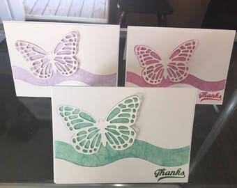 Set of 6, Butterflies over vellum Thank You Cards
