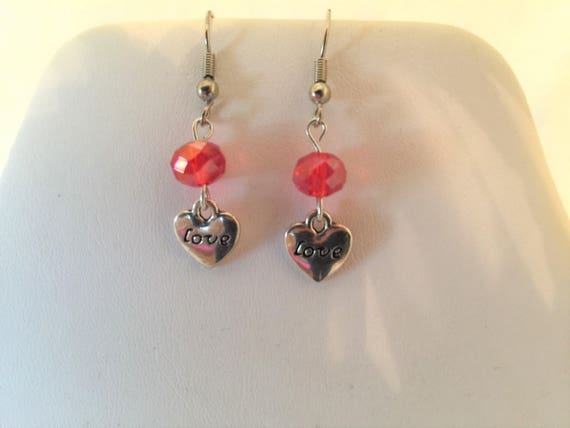 Love Hearts With Red Aurora Borealis Crystal Beaded Pierced