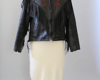 Vintage Biker Jacket 80s Black Leather Fringe Leather Coat Western Rose L