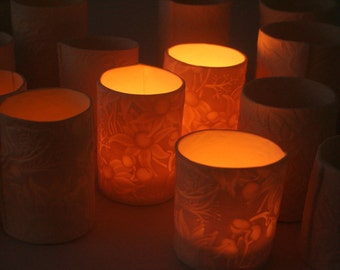 Discounted Set of 3 - Porcelain Tealight Lanterns with Australian flannel flowers