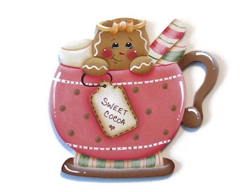 Ginger in Cocoa Mug Ornament or Fridge Magnet, Handpainted Wood Gingerbread Refrigerator Magnet, Hand Painted Ginger, Tole Painting