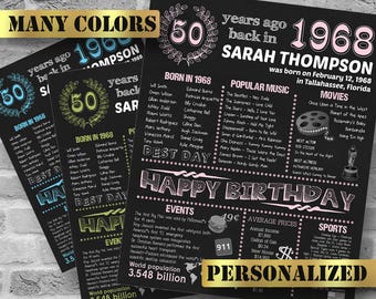 1968, Personalized 50th Birthday Poster, Born in 1968, Chalkboard Poster, Personalized Gift, 50 Years Ago, Printable DIGITAL FILE, JPG