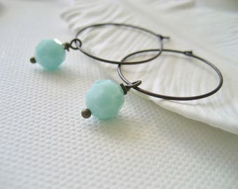 Hoop Earrings with Crystals, Mint Earrings, Mint Blue Crystal Earrings, Hoop Earrings with Dangling Swarovski Crystal Beads, Gifts For Her