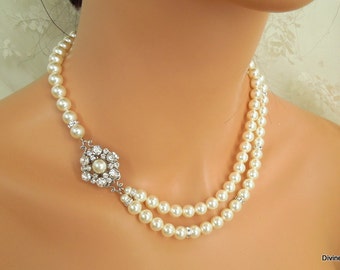 Pearl Necklace Bridal Pearl Necklace White Swarovski Pearls Bridal Rhinestone Necklace Pearl and Rhinestone Necklace Bridal Necklace EUGENIE