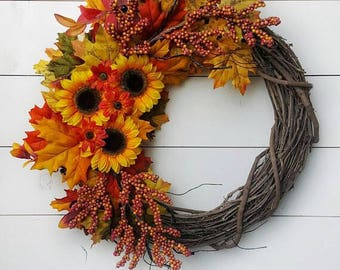 Sunflower Wreath with Autumn Leaves on Grapevine | Fall Floral Wreath | Red Orange and Yellow Wreath | Fall Front Door Wreath