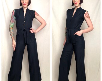 Vintage 1970's Navy Blue Fitted Curve Hugging Hourglass Figure Wide Leg Palazzo Pants Bellbottom Jumpsuit - size Small Medium