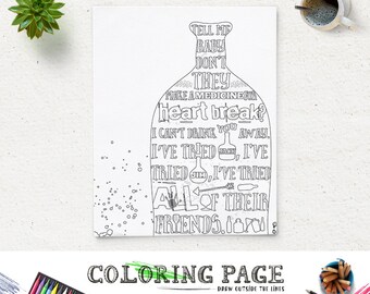 Drink You Away Coloring Page JUSTIN TIMBERLAKE Instant Download Lyric Art Printable Adult Pages Anti Stress Activity Therapy
