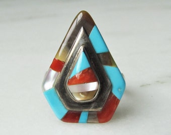 Estate Zuni Inlay Sterling Silver Ring