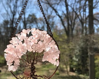 Cherry Blossom, SunCatcher, Tree of Life, Rose Quartz, One of a Kind Wire Wrapped Tree, Sun Catcher Window Decor, Wall Ornament Handmade