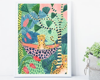 Leopard Illustration, Rainforest Illustration, Leopard Print, Jungle Print, Plants Print, Childrens decor, Nursery wall art, Animal print